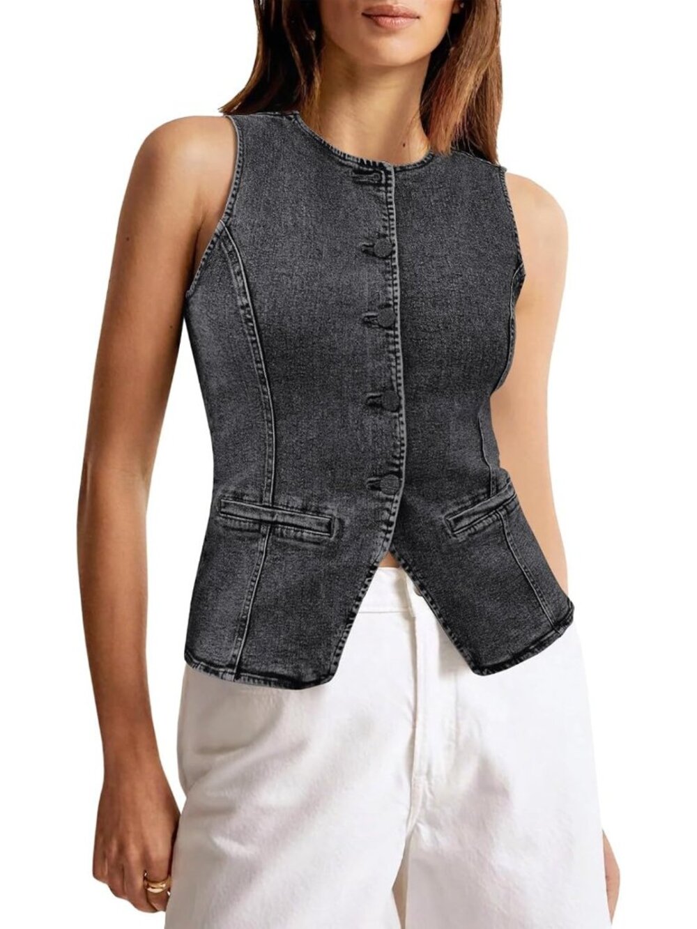 Women's Dark Grey Sleeveless Fitted Casual Button Down Denim Vests Top Waistcoat